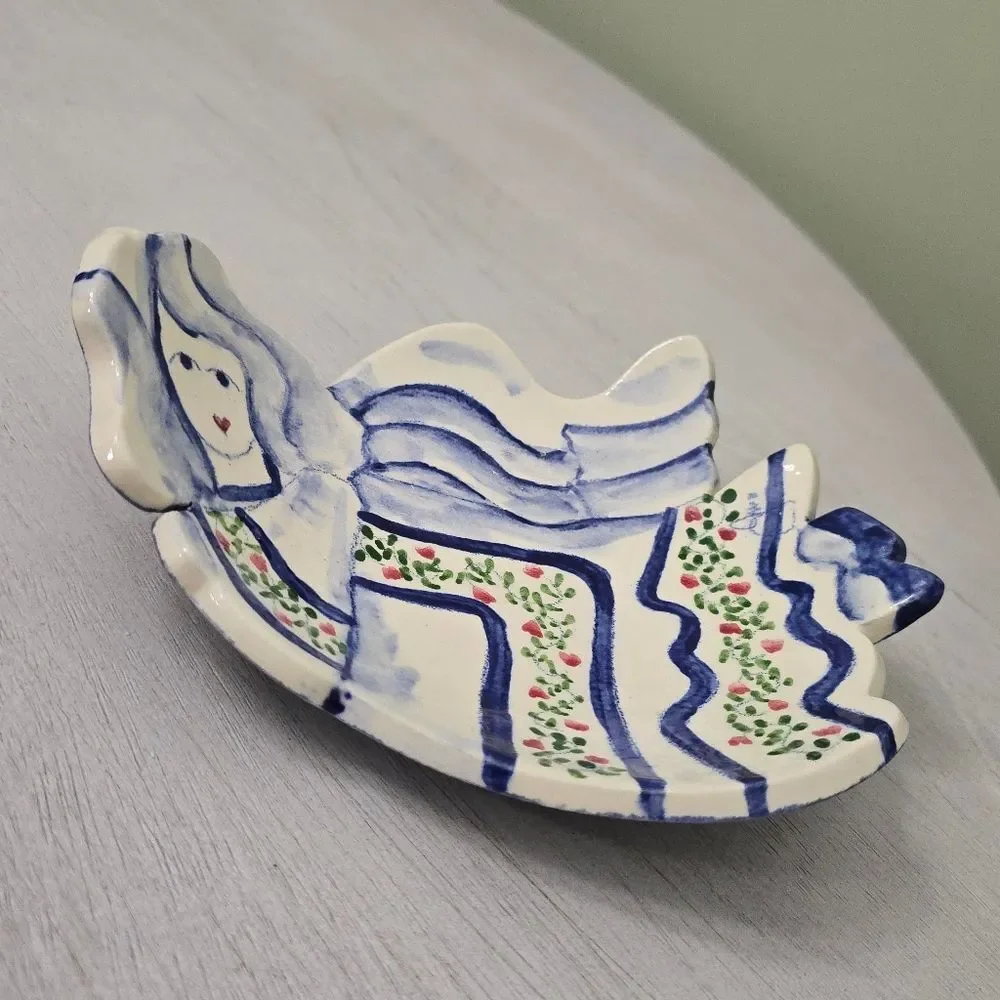 Angel Watercolor Painted Plate Dish White Blue Folk Art Pottery Signed
